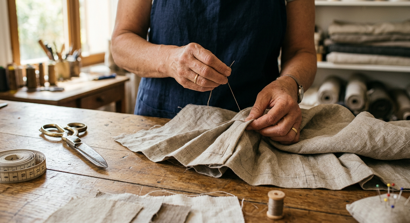 Artisan hand-sewing pleats into natural linen
