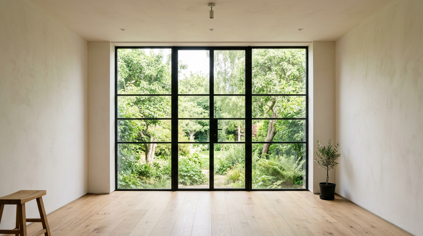Minimal room with a large garden-view window